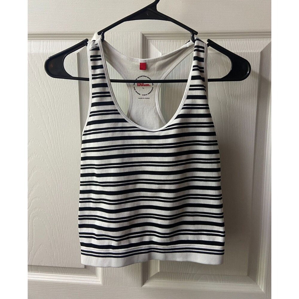 Wilson Tank Top Black White Striped Cropped Womens Large Racerback Logo Stretch